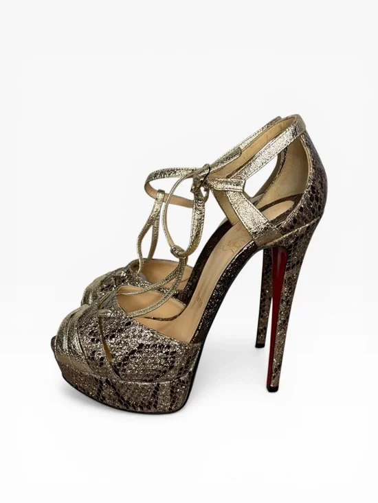 Christian Louboutin Metallic Gold Snake-Embossed T-Strap Platform Pump Size 37.5 - Picture 4 of 10